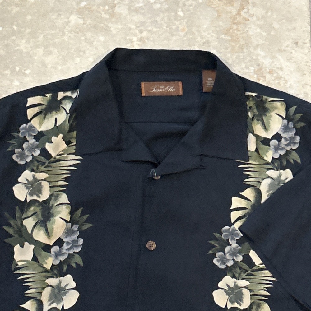 Tasso Elba Hawaiin Shirt Mens 2XL Black Silk Short Sleeve Button Floral Jacquard